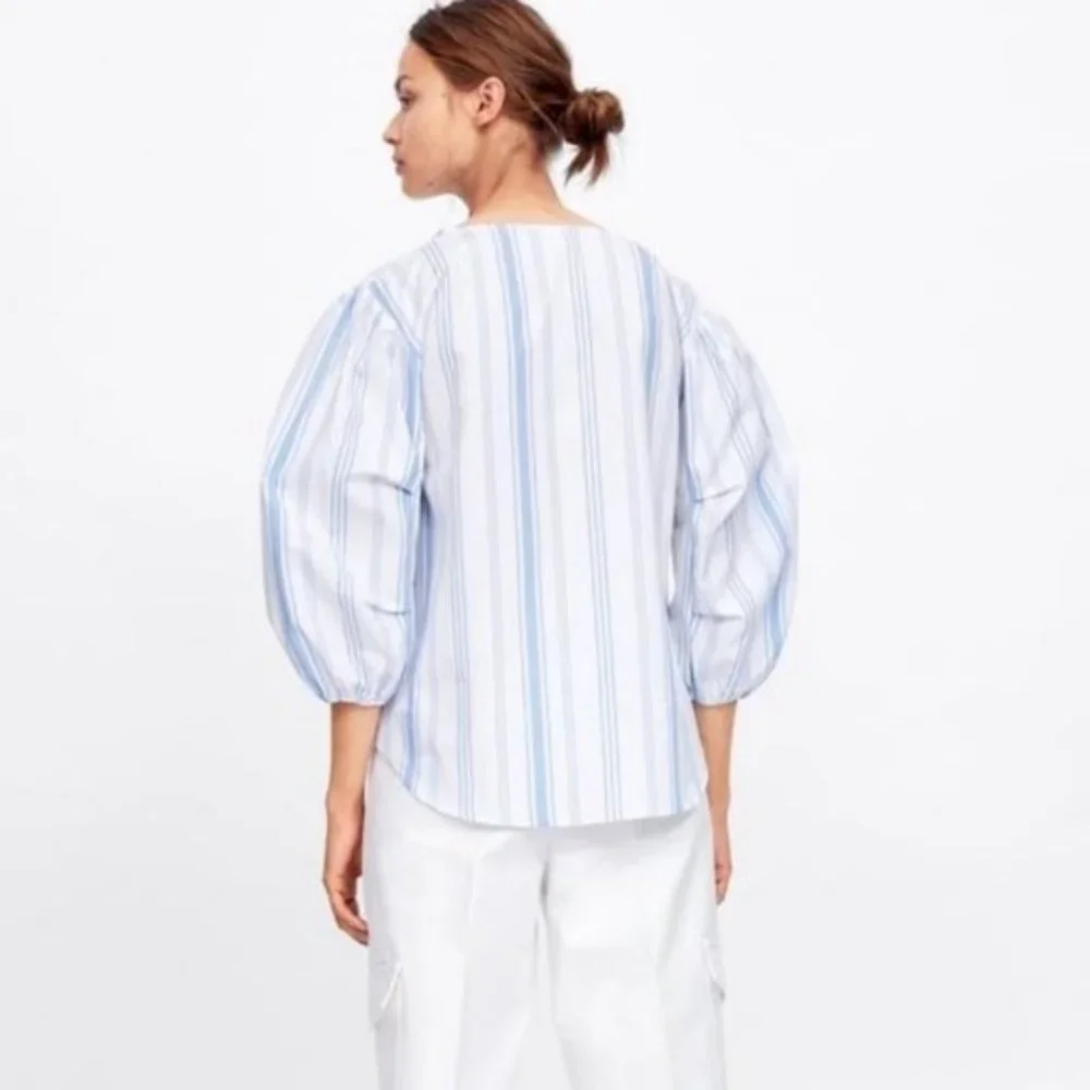 NWT Zara Size M Striped Zara Puff Sleeve Woven Blouse Top